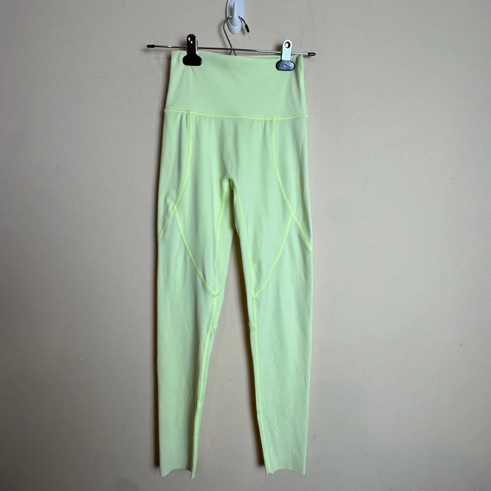 Aerie Neon Yellow Green High Rise Raw Hem Full Length Leggings Womens Size Small - Picture 3 of 16
